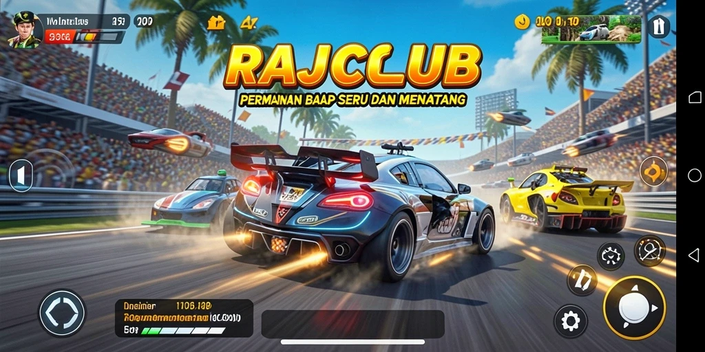 Tampilan gameplay RAJACLUB dengan mobil balap yang cepat.